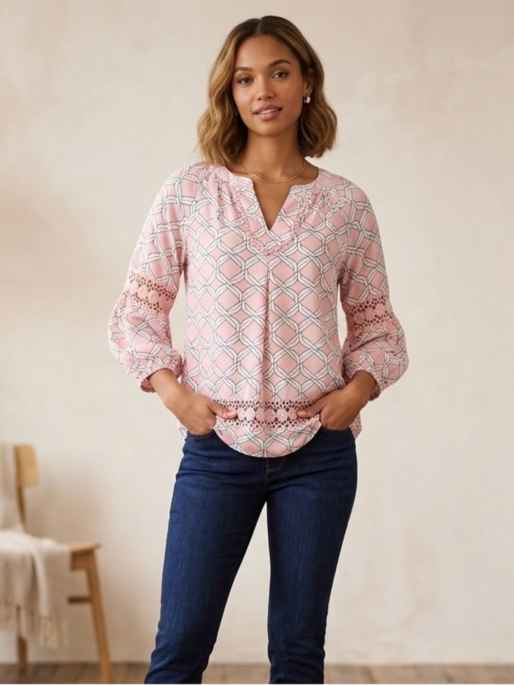 Crown & Ivy Blouse Petite M Peasant Peach Pink White Geometric Crotchet Lace